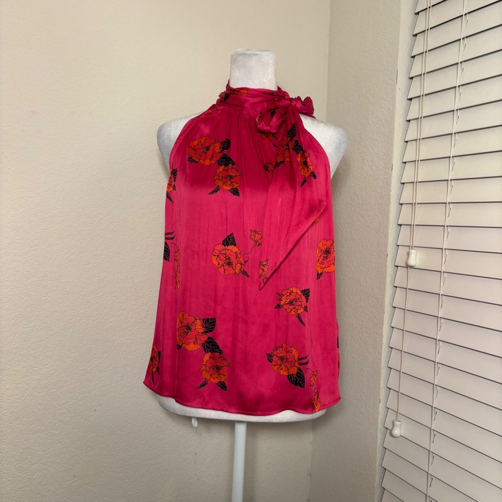 NWT Hot Pink Orange Floral Satin Halter Top Bow Neck Sleeveless Artsy Size S